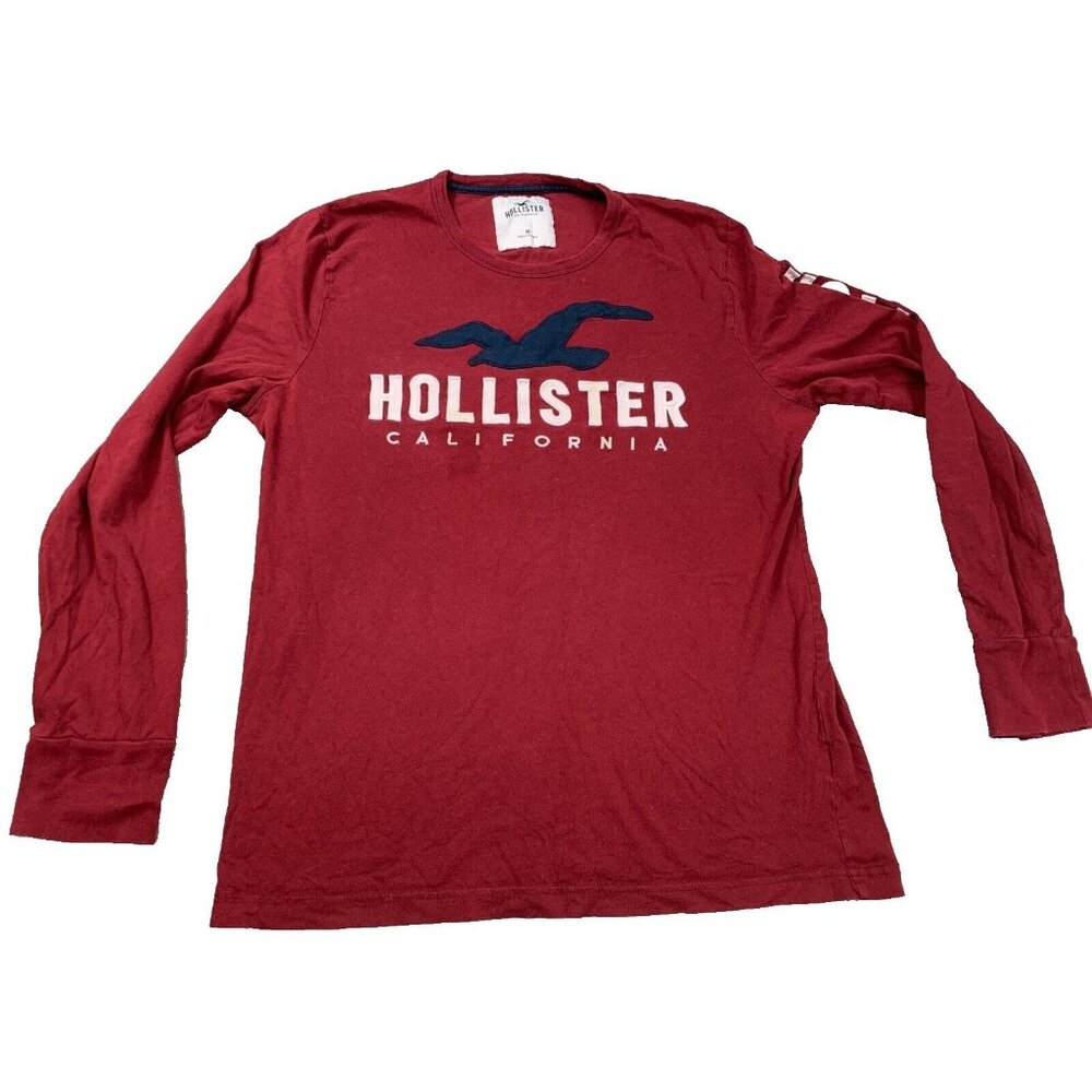 Hollister California Shirt Men's Medium Maroon Logo Embroidered Sleeve Spell Out